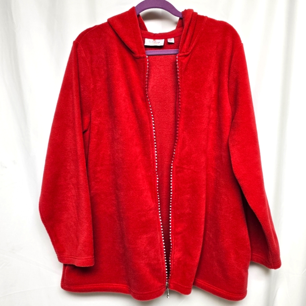 Quacker Factory Fleece Hoodie with Rhinestone Zipper 1X red